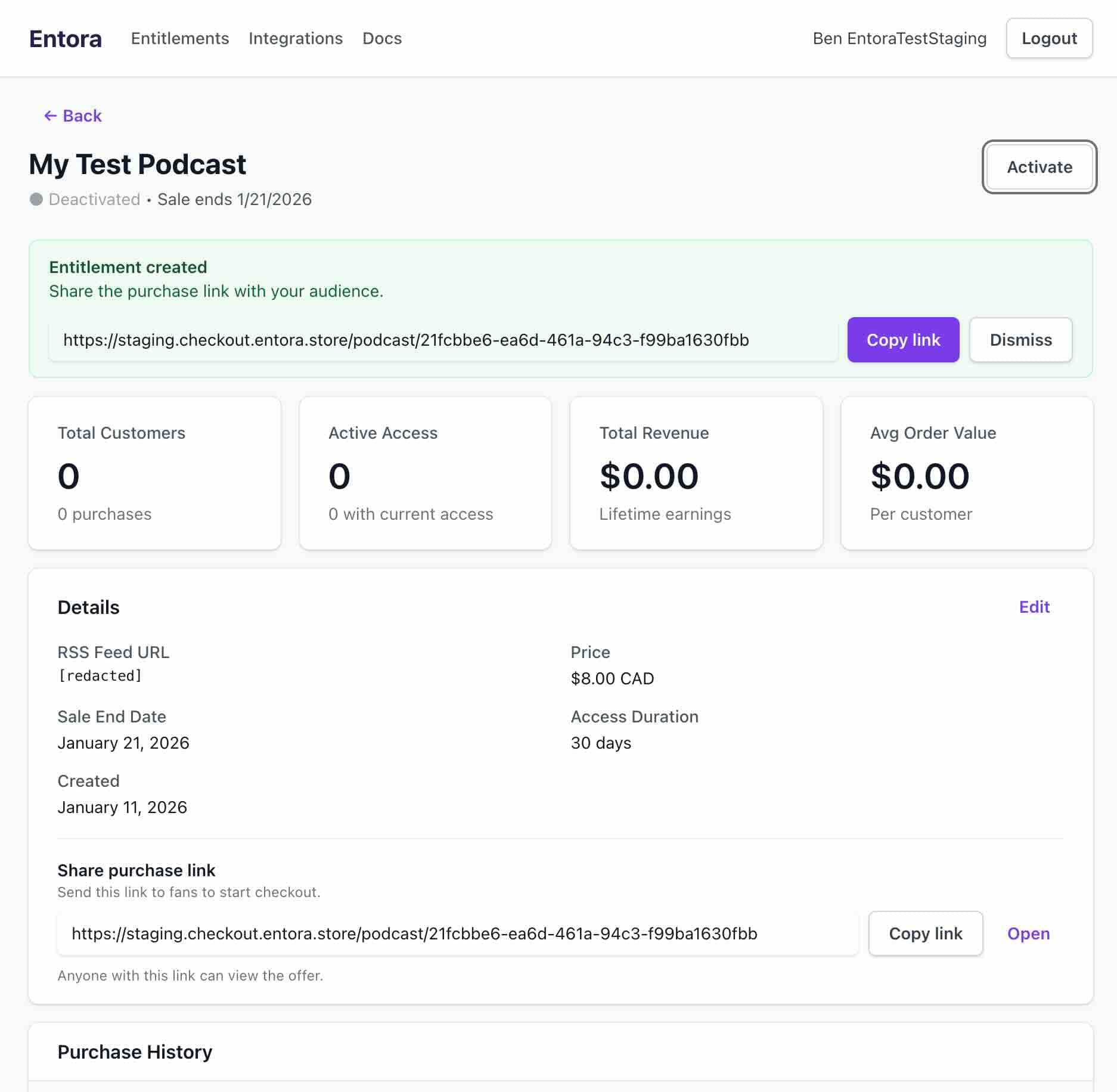 Podcast entitlement deactivated state