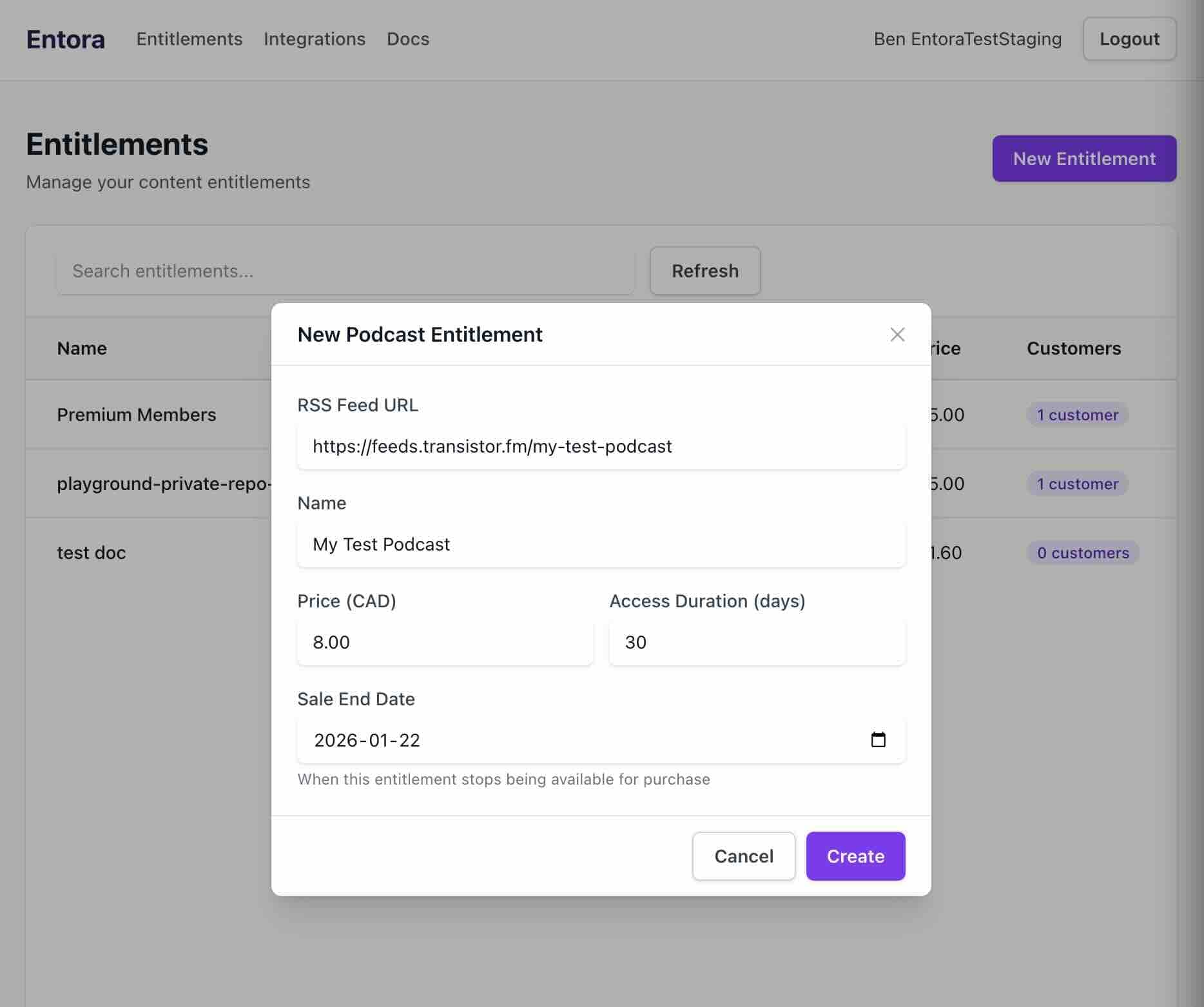 Podcast entitlement details modal